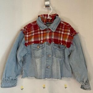 Kids denim jacket with plaid hood